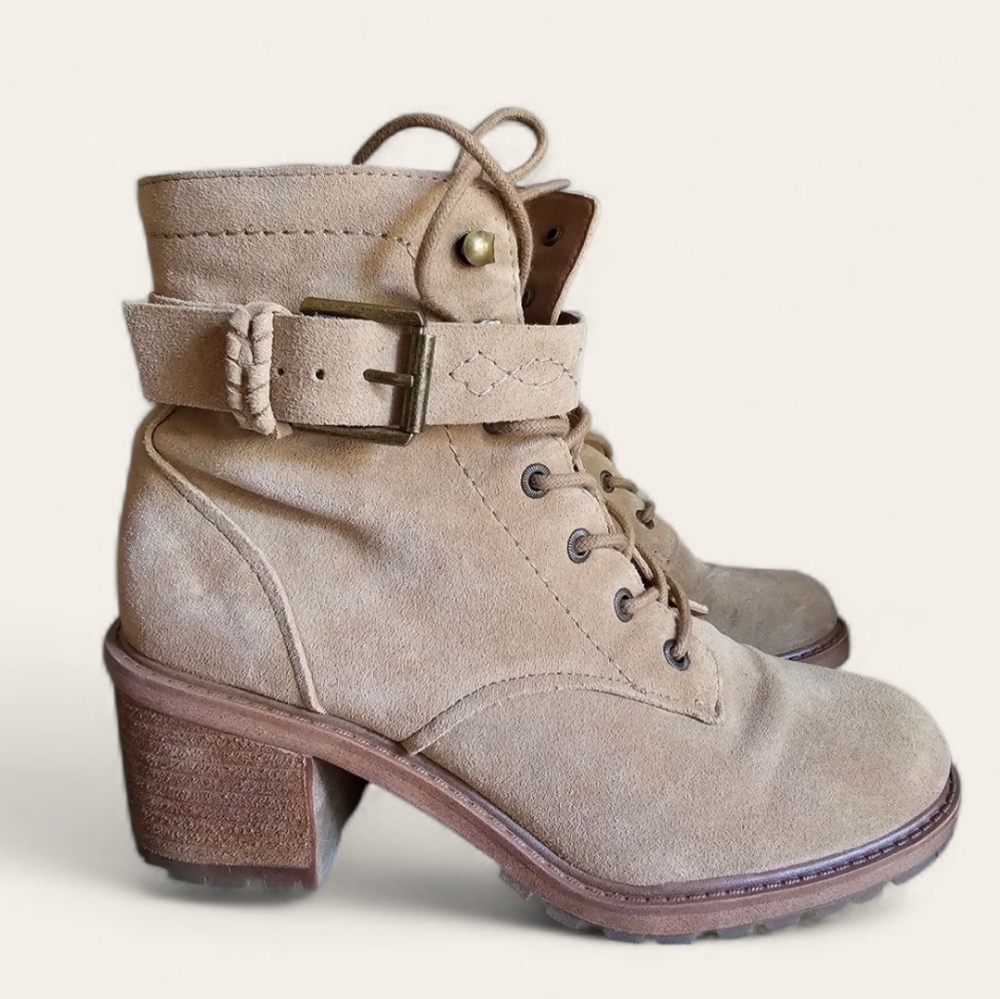 New Zodiac Lace-up Beige Suede Bohemian Chic Buckle Heeled Boots sz 9‎